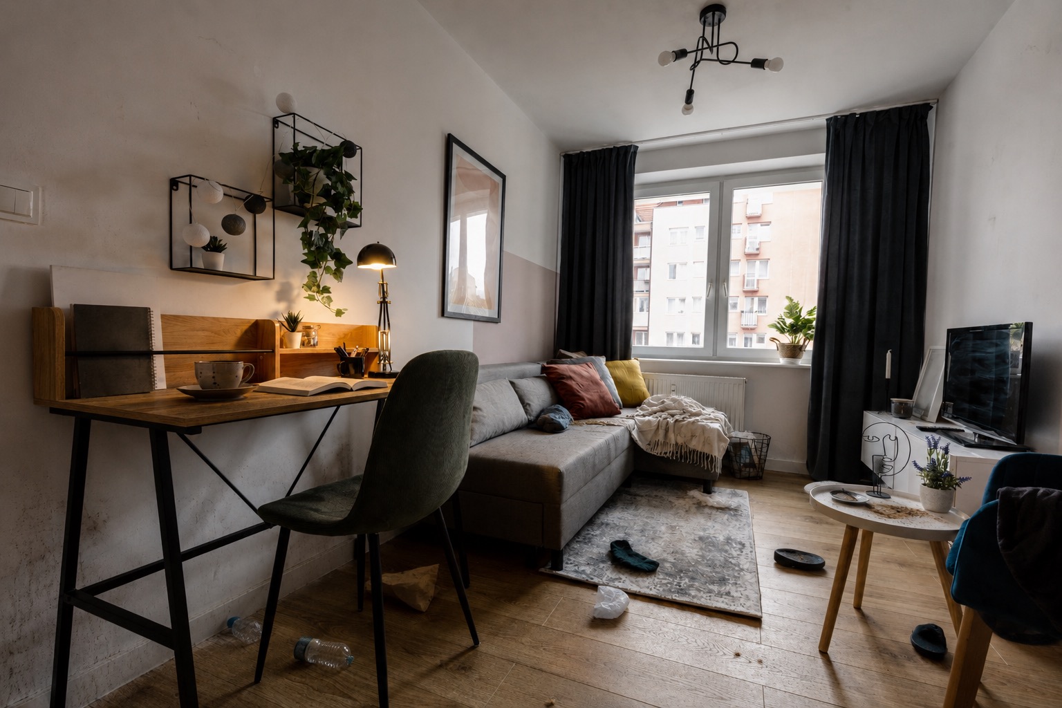 Ακατάστατο σαλόνι Airbnb πριν τον επαγγελματικό καθαρισμό